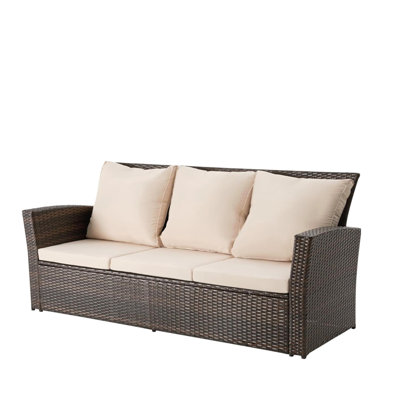67.7" All-Weather Wicker 3-Seat Patio Sofa With Thick Biege Cushions & Black Frame