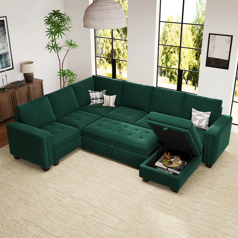 Shavera Velvet L Shaped Sectional Sofa Bed Sleeper Couch With Storage Ottoman, Green Velvet