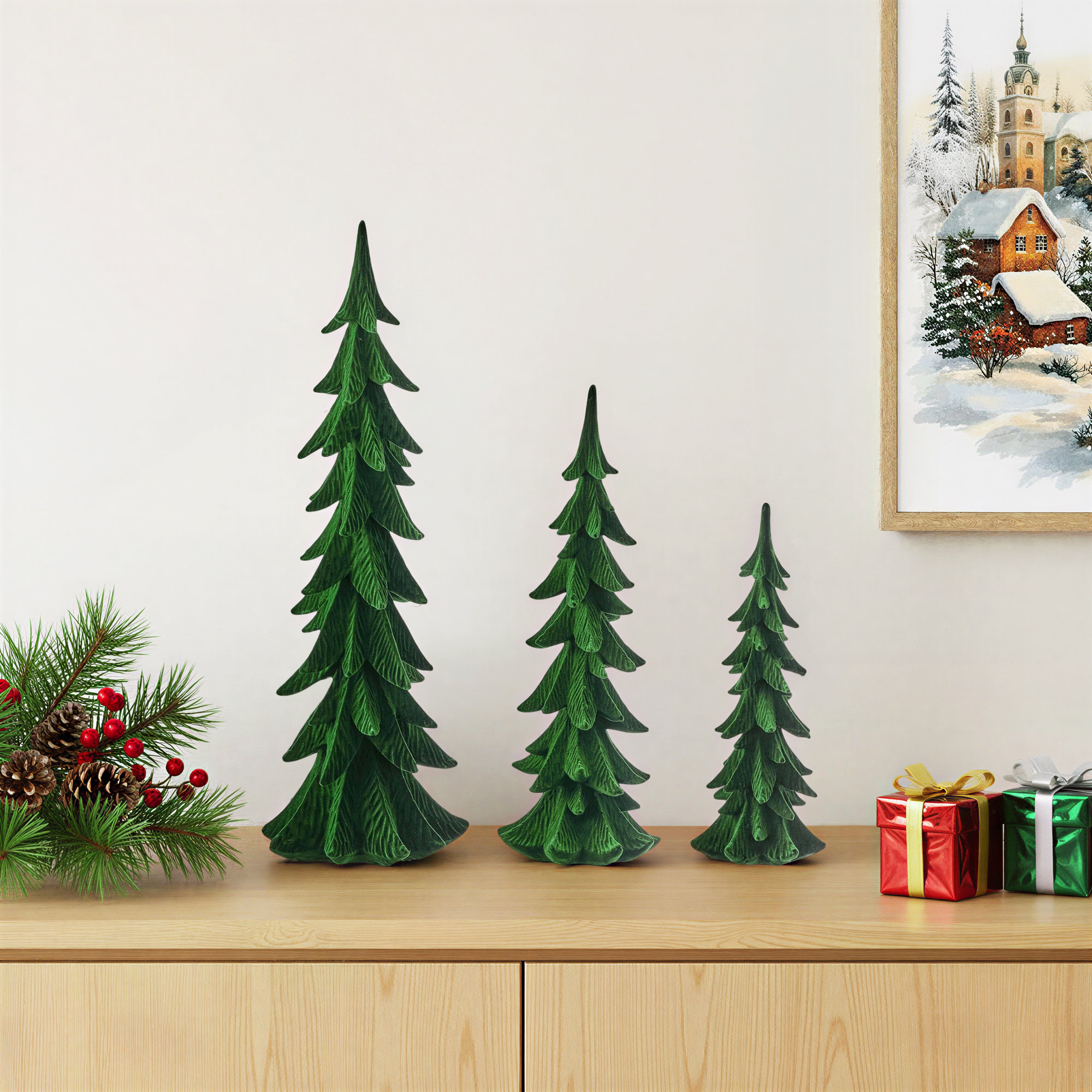 10-17.75" Resin Flocked Tree Set of 3, Green