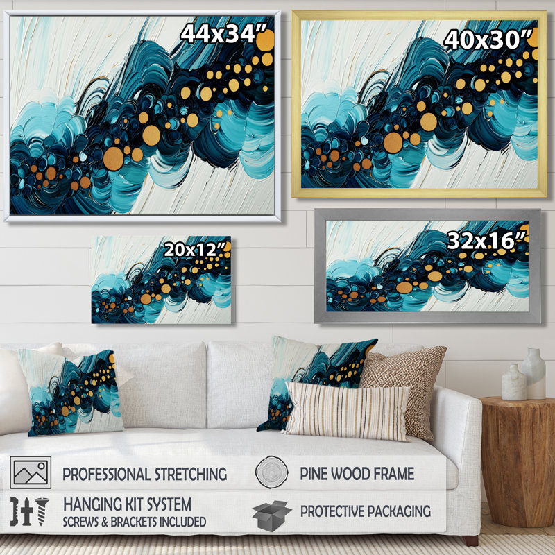 Abstrait impulsion turquoise de l'océan VI - art mural abstrait grand, H 34 po x l 44 po, Cadre simple, Argent argent