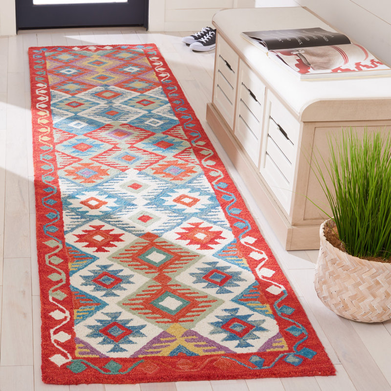 Tapis rouge / bleu Horwich 414, Tapis de couloir 2 pi 3 po x 9 pi