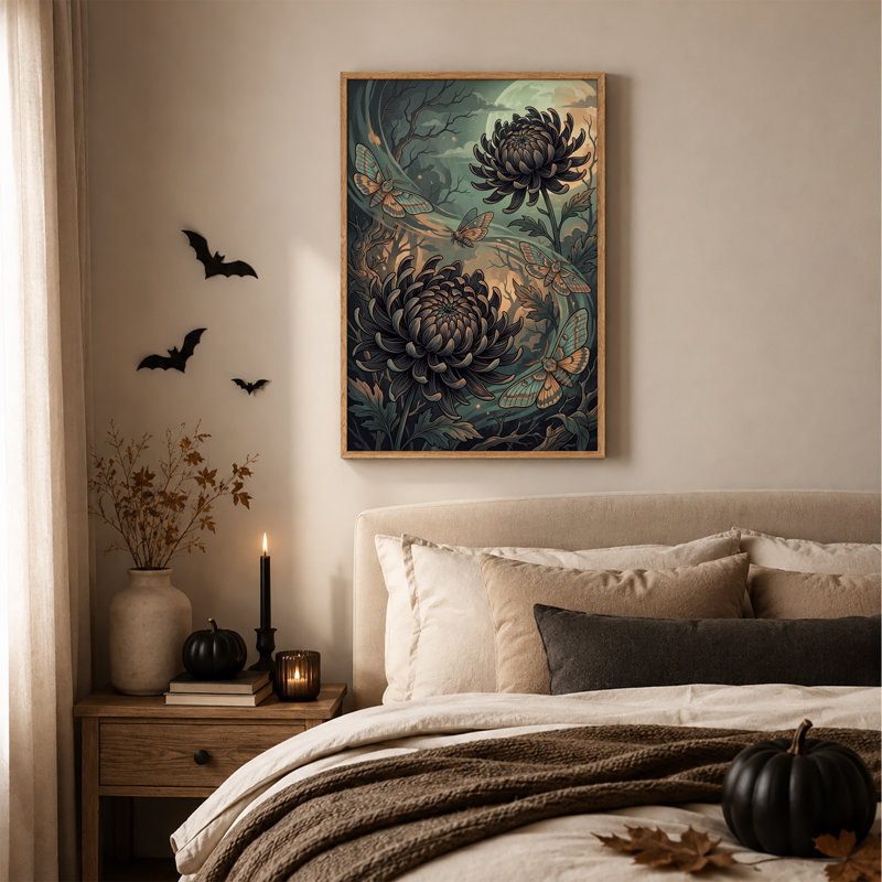 Chrysanthèmes noirs et papillons de nuit dans une forêt au clair de lune - Toile murale d'Halloween, H 48 po x l 36 po