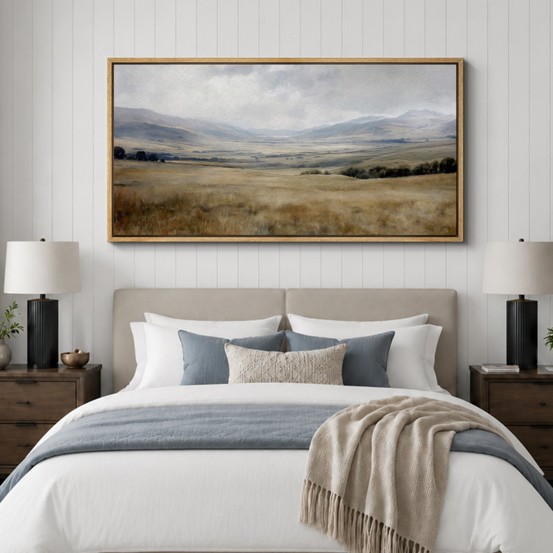 «Rustic Green Tan Prairie Field», vaste paysage mural, estampe numérique sur toile, art numérique encadré très grand, Naturel