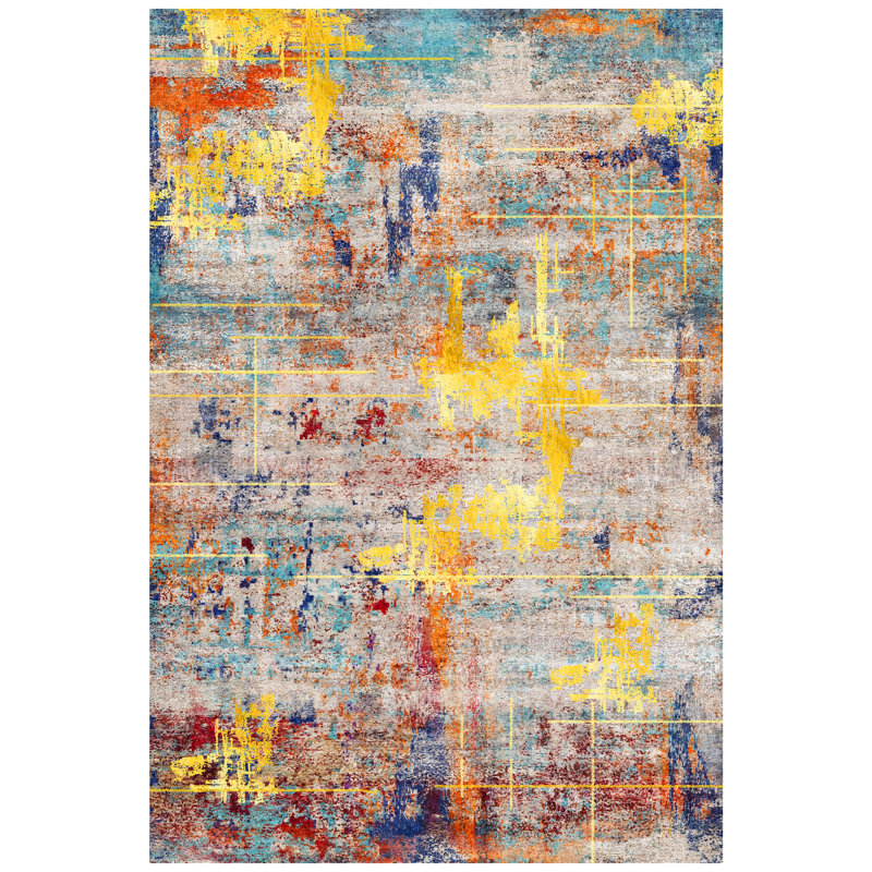 Tapis moderne coloré et patiné, formes abstraites bleues, grises et orange, tapis intérieur antidérapant 