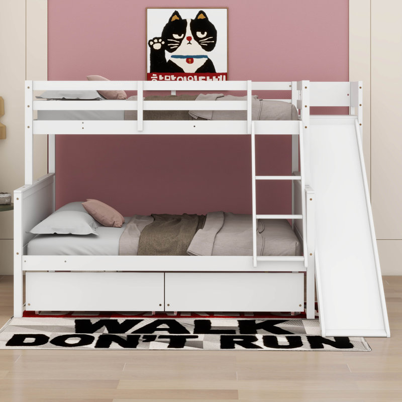 Cleary Twin Over Full 2 Drawer Solid Wood Standard Bunk Bed with Slide and Shelves, Gray