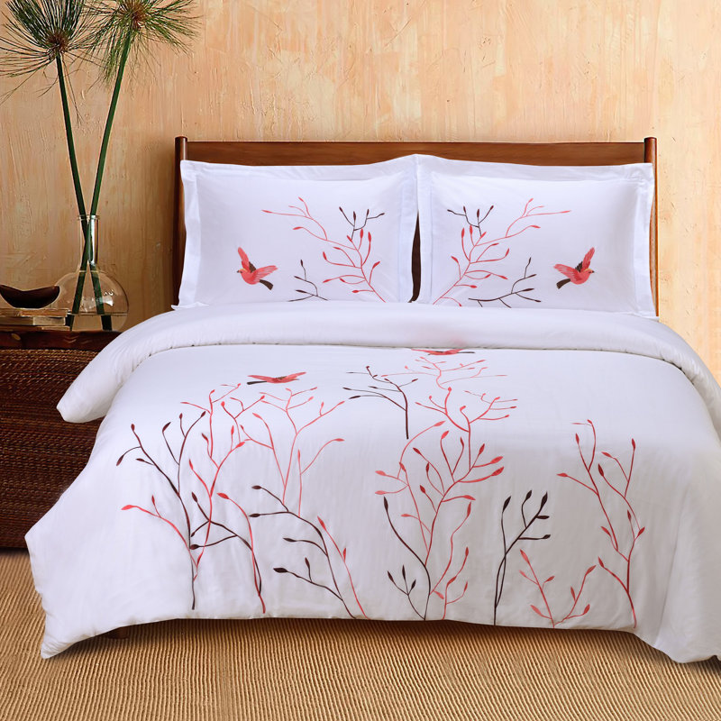 Housse de couette brodée 100% coton avec 2 taies décoratives Superior Swallow, Rouge