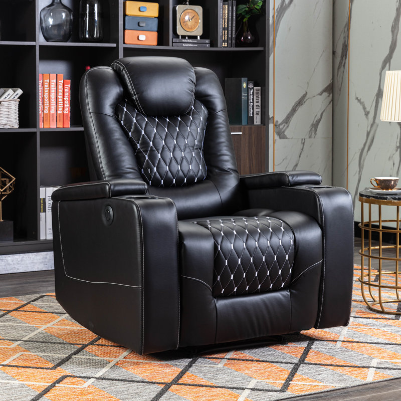 34.8'' Luxury Faux Leather Home Theater Individual Seat Recliner with Cup Holders & Arm Storage, Black Faux Leather