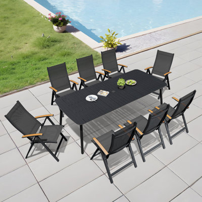 8 - Person Rectangular Patio Dining Set with Umbrella Hole, Aluminum Frame and Folded Reclining Armchairs
