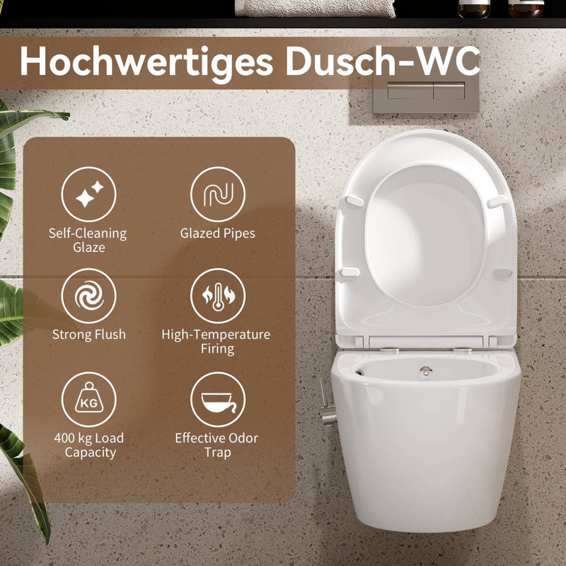HOROW Wall Hung Bidet Toilet with Side Control, 360° Adjustable Nozzle, Warm/Cold Water, Rimless Design, Soft-Close Seat, White