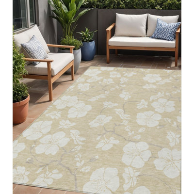 Tapis extérieur lavable floral beige et ivoire 5 pi x 8 pi