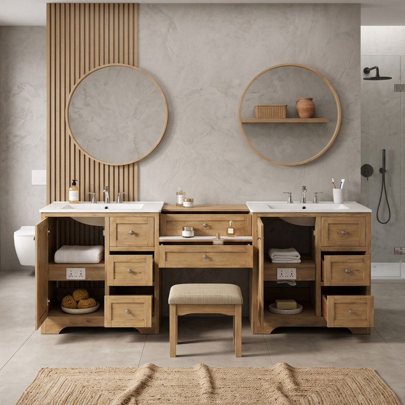 Freestanding Standard Double Vanity Bathroom Vanity With Ceramic Top, Bois