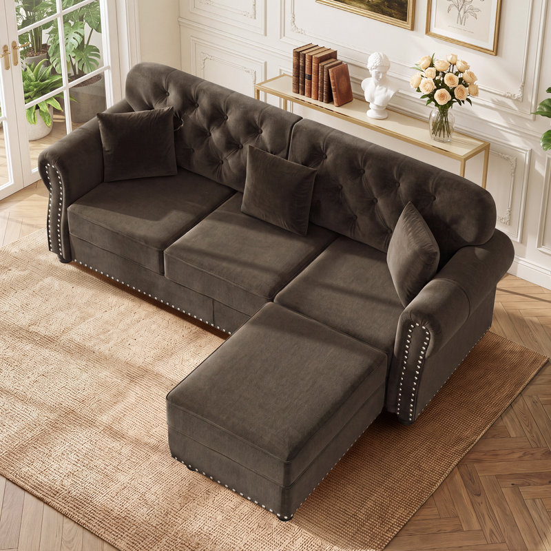 Canapé capitonné en velours 82,6 po Chesterfield, Brun