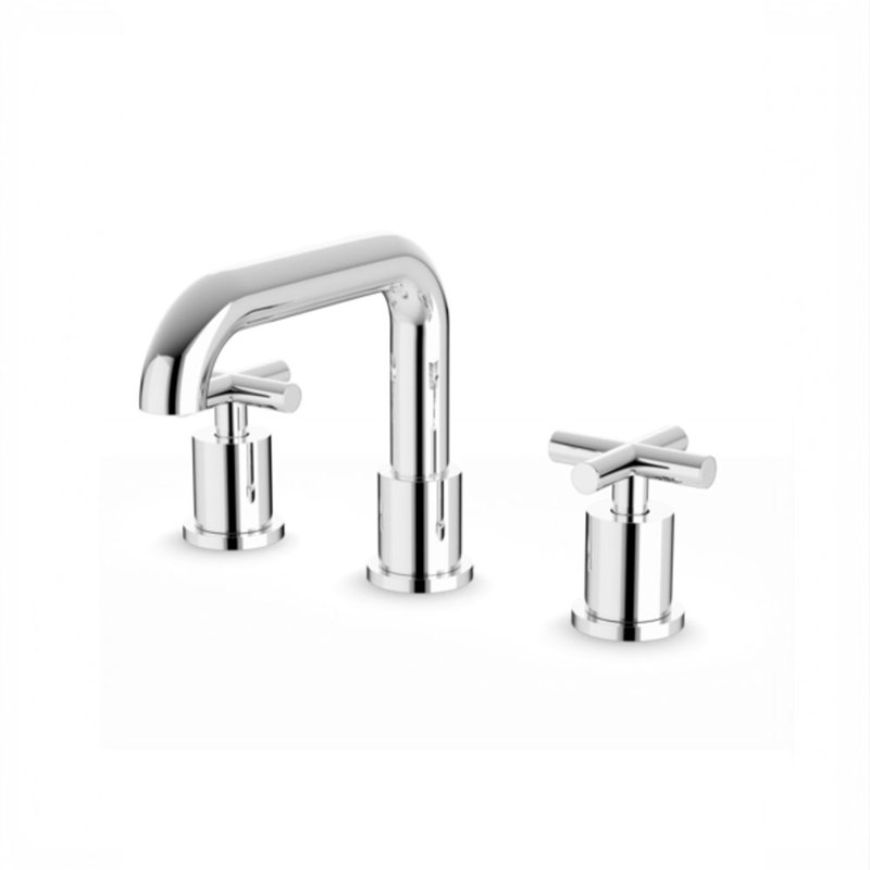 Round 8" Widespread Lavatory Faucet With Low Spout And Cross Handles Satin Brass, Chrome