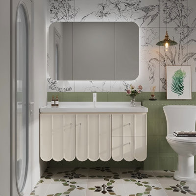 Meuble-lavabo de salle de bain autoportant en bois d'hévéa blanc massif 39,76 po avec miroir