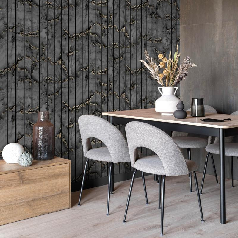 Marble Slat Panel Charcoal Luxury Wallpaper, Black