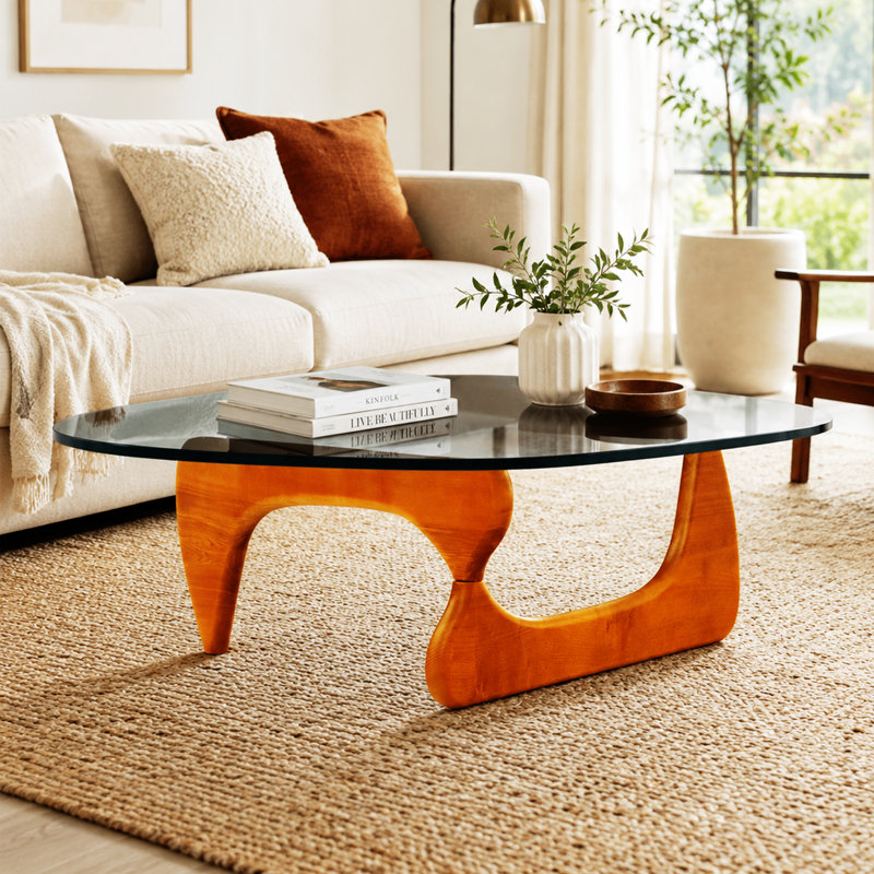 Abstract 51 "Mid-Century  Premium Triangle Glass Top Coffee Table With Solid Wood Base, Rosewood