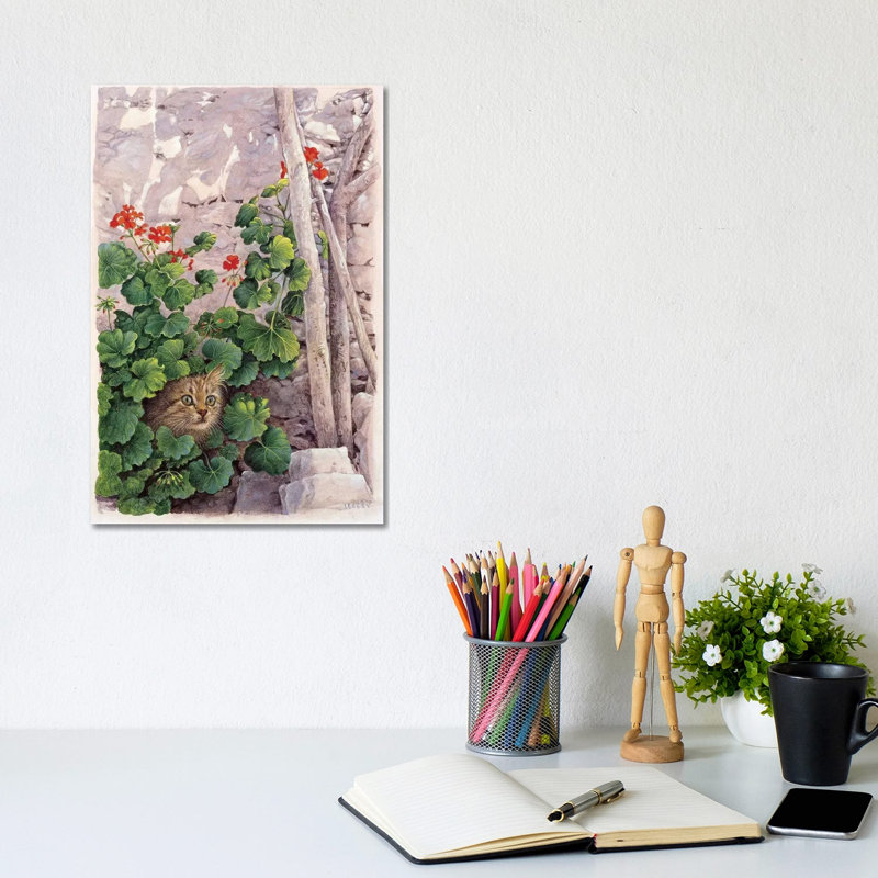 Katia Greek Cat In Geraniums by Ivory Cats - Wrapped Canvas Painting, 20.32 cm H x 30.48 cm W
