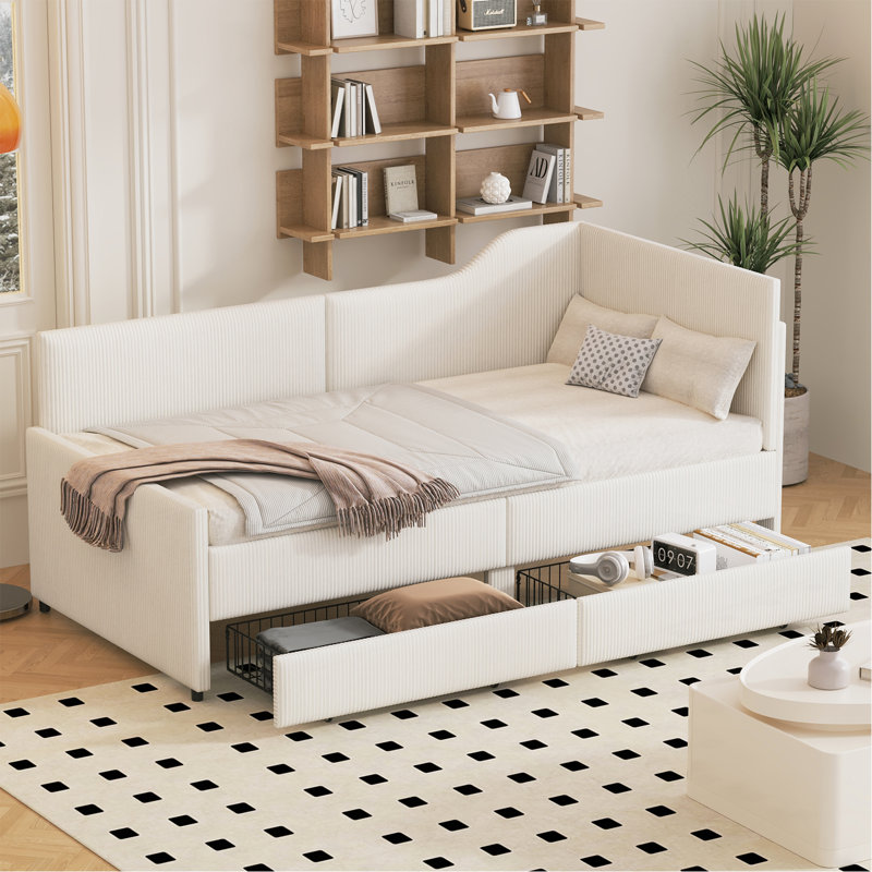 Twin Size L-Shaped Corduroy Daybed,Upholstered Bed Frame With  2 Storage Drawers, Beige, Beige
