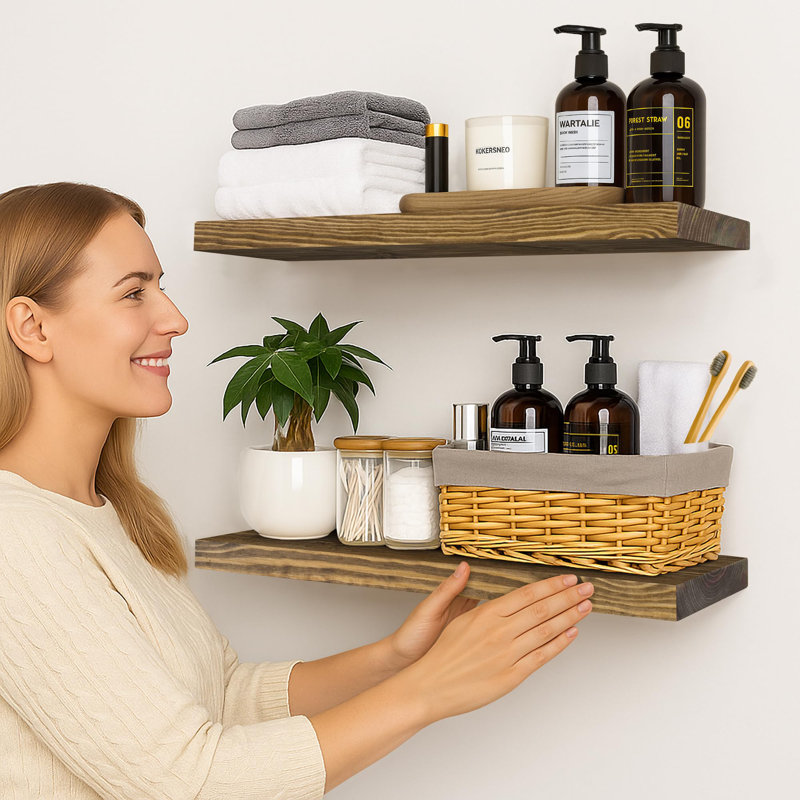 Solid Wood Floating Shelves，Rustic Wooden Wall Shelves, Walnut, 1.25" H x 30" W x 6.7" D