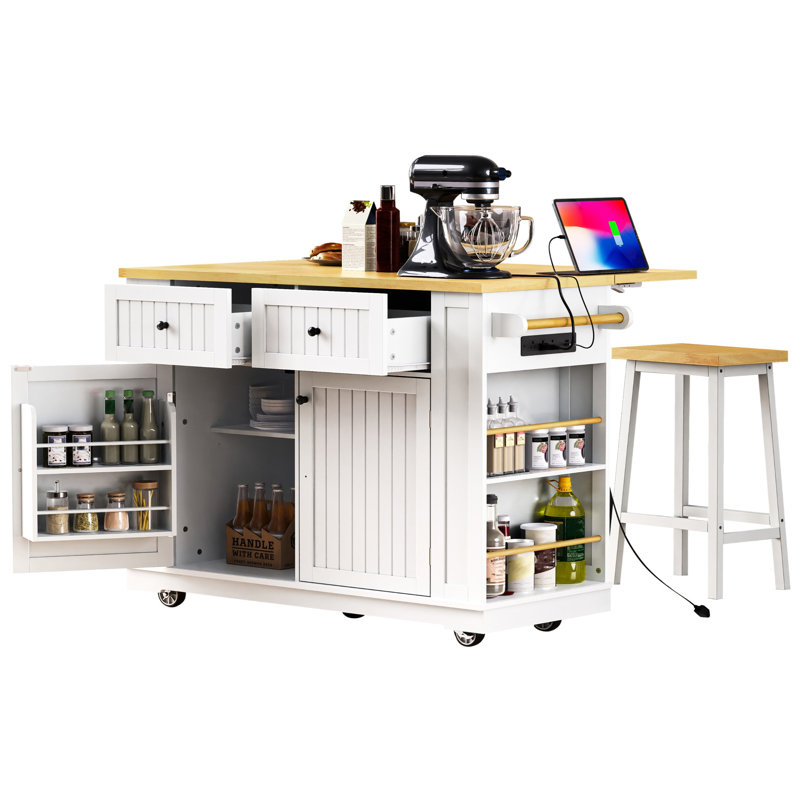 K&K 48inch Large Kitchen Island with 2 Bar Stools, Power Outlet, Door Internal Storage Rack, Kitchen Storage Cart on 5 Wheels with Drop Leaf, 5 Open Side Racks, 2 Drawers,White (Three Packages)