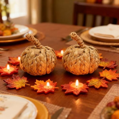 Paquet de 2 décorations de citrouille artificielle tissée, Calabaza tissé à la main, fausses citrouilles pour l'Action de grâce de Noël d'Halloween, décorations d'automne campagnard, centres de table, porche, manteau de cheminée, intérieur