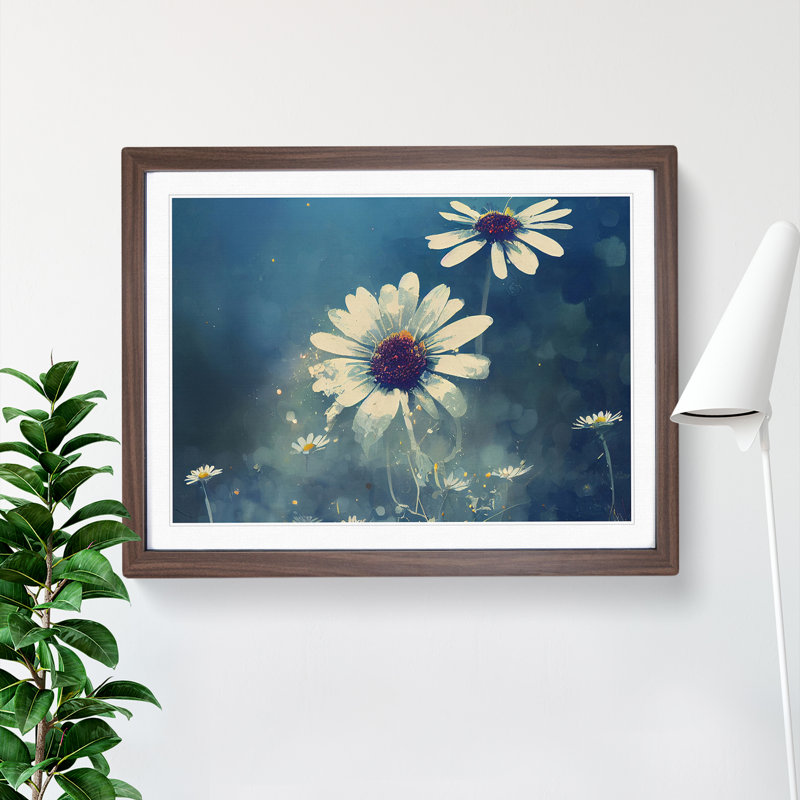 Glamorous Daisy Flowers - Single Picture Frame Painting, 25cm H x 34cm W x 2cm D, Walnut