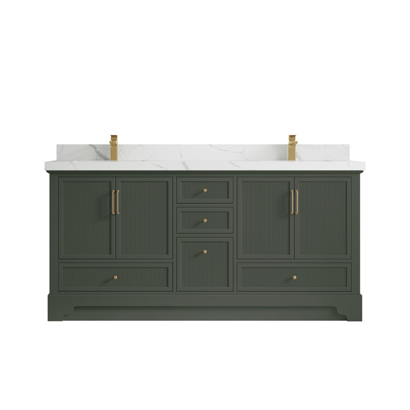 Meuble-lavabo double autoportant 72 po avec plateau en quartz Alys (option poignées)