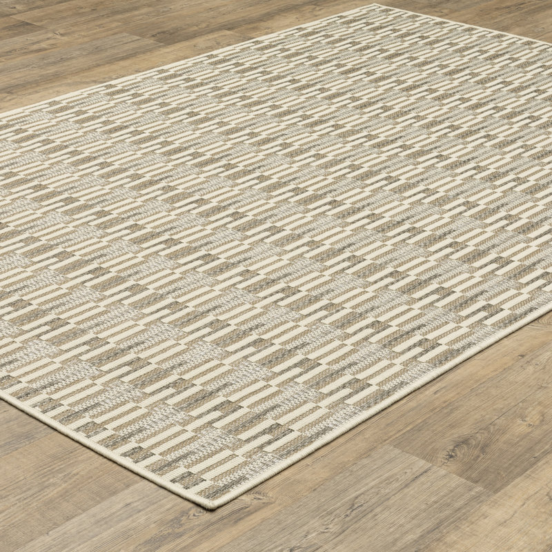 Tapis intérieur / extérieur beige / ivoire à motif géométrique moderne Tavraj, Rectangle 6 pi 7 po x 9 pi 2 po