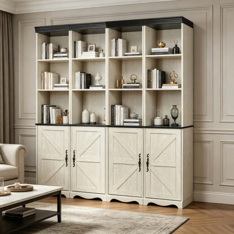 Armoire de rangement combinée 4-en-1, bibliothèque en panneau de fibres à densité moyenne à grain de bois 3D, casiers de présentation ouverts et armoires fermées avec tablette réglable, bibliothèque à combinaison libre pour le bureau d'étude de salon