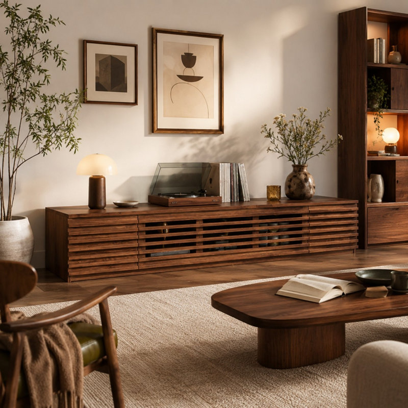 70" Mid-Century Modern TV Stand for TVs up to 80", Walnut Entertainment Center with Cable Management and Soft-Close Hinges