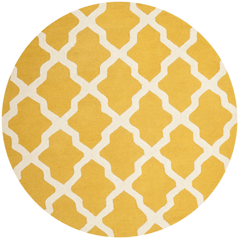 Cannen Hand Tufted Wool Geometric Rug, Round 6', Gold/Ivory