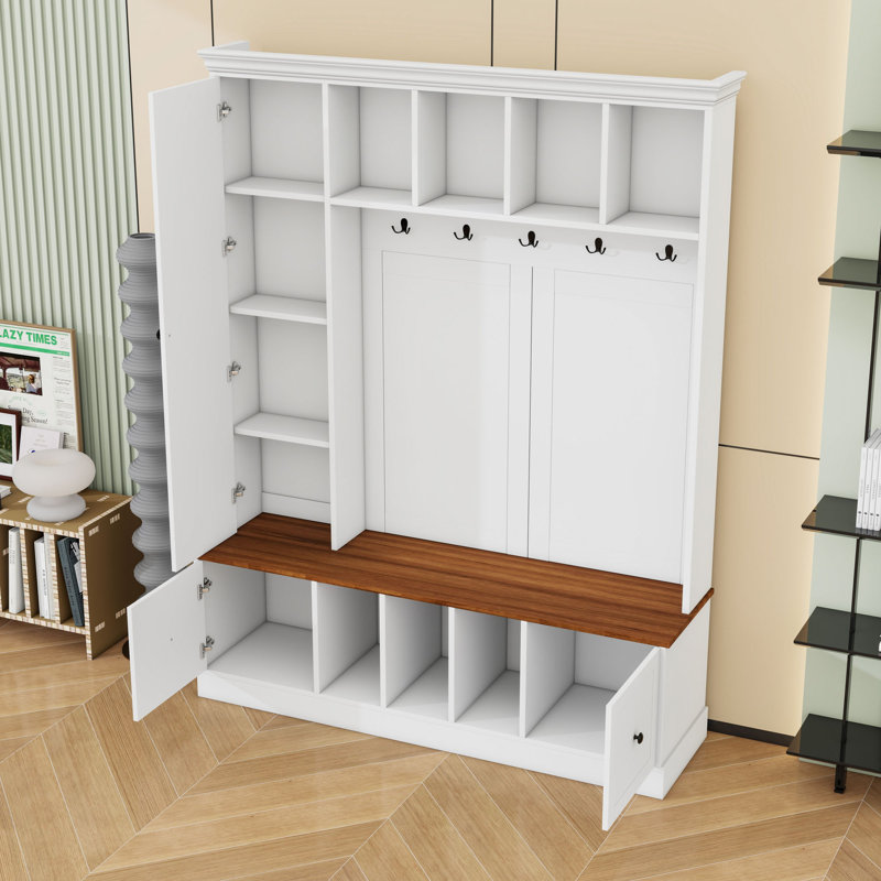 Arbre d'entrée avec banc de rangement pour chaussures, 5 crochets, armoire réglable et casiers ouverts, White