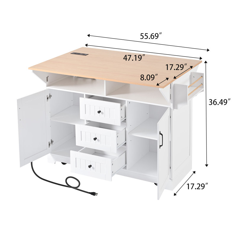 Expandable Drop Leaf Kitchen Island with Built-in Power Outlet, Rolling Storage Cart with Drawers, Adjustable Shelves & Towel Rack