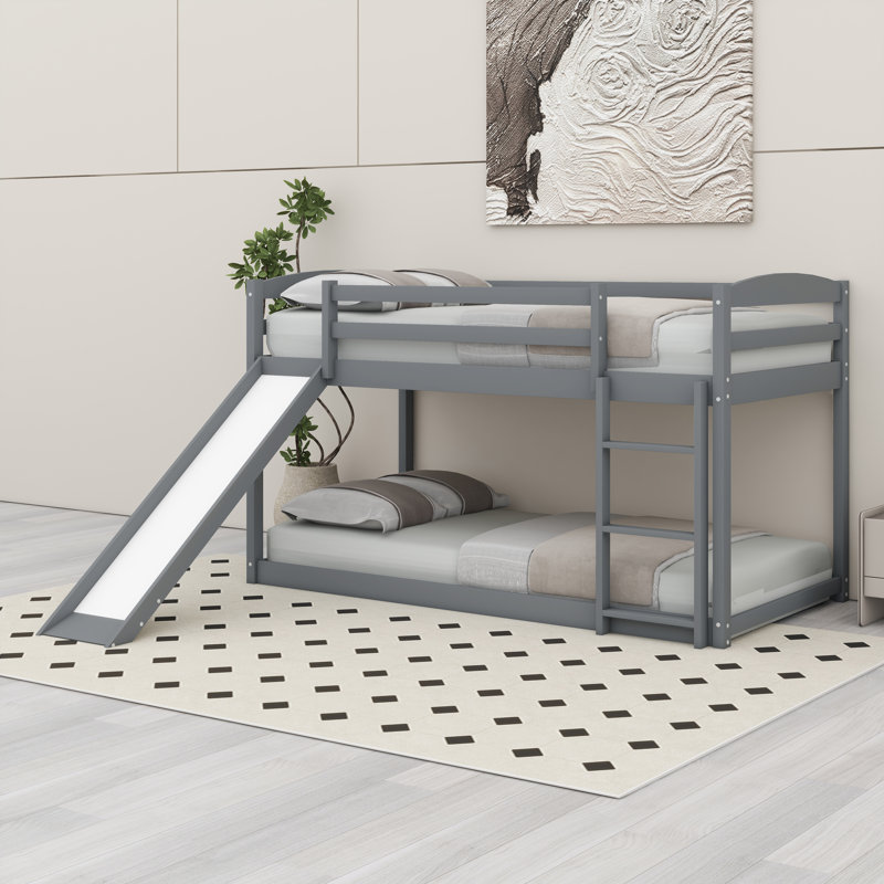 Lit superposé en bois massif avec barrière de sécurité, glissière convertible et échelle,, Gris