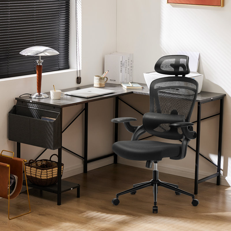 Ensemble de bureau et de chaise: bureau d'ordinateur en L et chaise de bureau en filet, Chaise noire / bureau gris