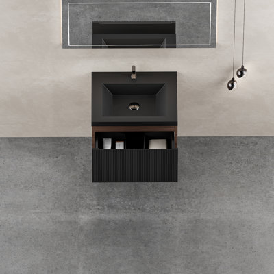 Meuble-lavabo mural 24 po avec tiroirs à fermeture en douceur, lavabo en quartz, noyer fumé