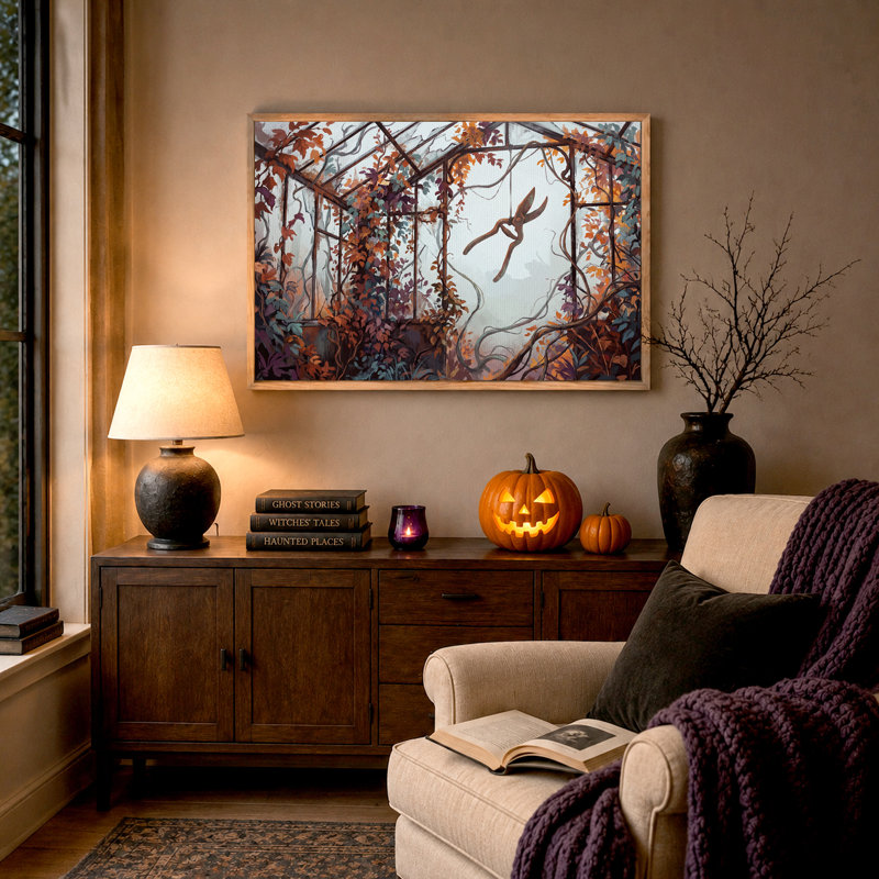 Toile murale d'Halloween représentant des vignes d'automne dans une serre envahie par la végétation, 18"H x 24"W