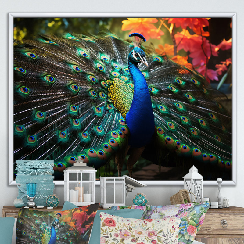 Bleu bleu sarcelle, art indien dansant le paon - Art mural indien, H 12 po x l 20 po x P 1 po, Cadre flottant blanc