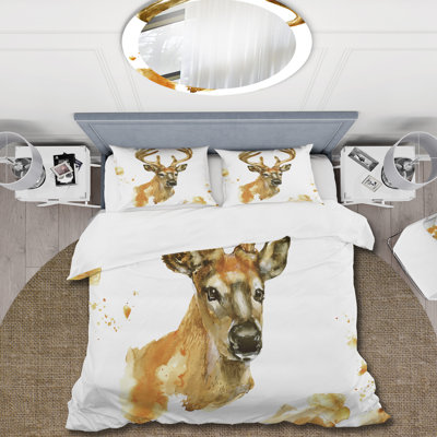 Portrait Of Deer With Big Horns - Farmhouse Duvet Cover Set - Microfiber Polyester