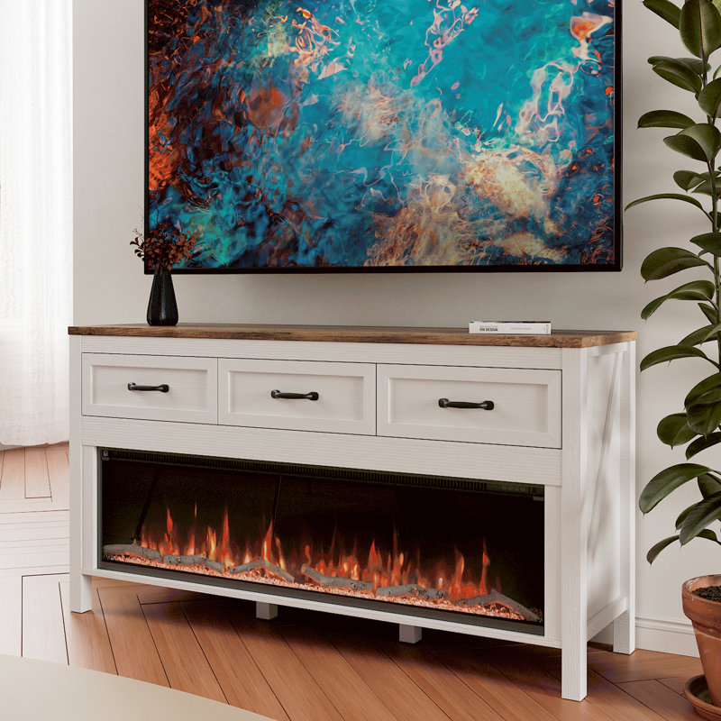 Farmhouse Fireplace Tv Stand For Up To 60 Inch Tv, Entertainment Center With 50" Electric Fireplace For 55 65 Inch Tv, 55" Tv Stand With Storage Cabinet Drawer For Living Room (off White)