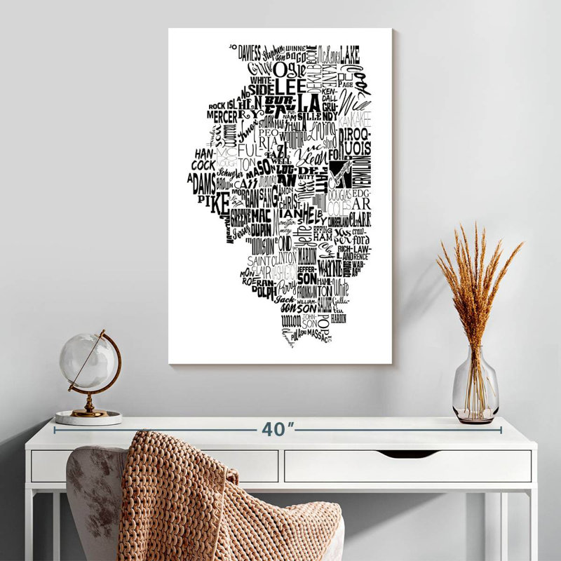 Illinois Map Typography, 30" H x 20" W