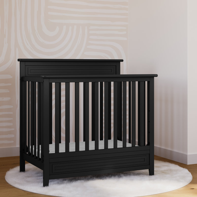 Petal Black Pine Wood 4-in-1 Convertible Mini Crib with Mattress