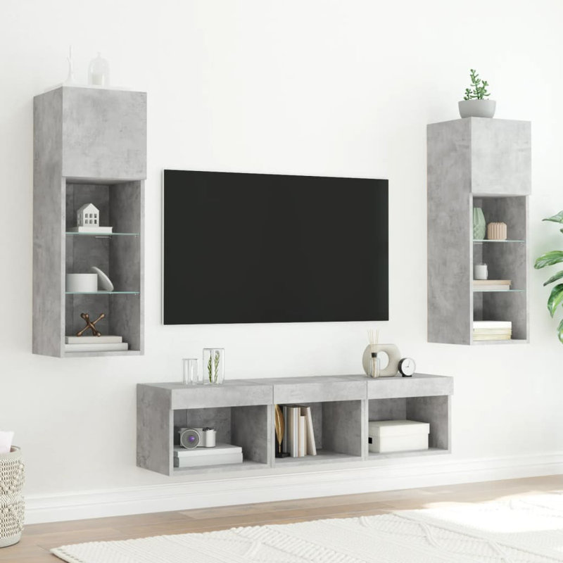  5 Piece TV Wall Units With LED Engineered Wood, Concrete Grey