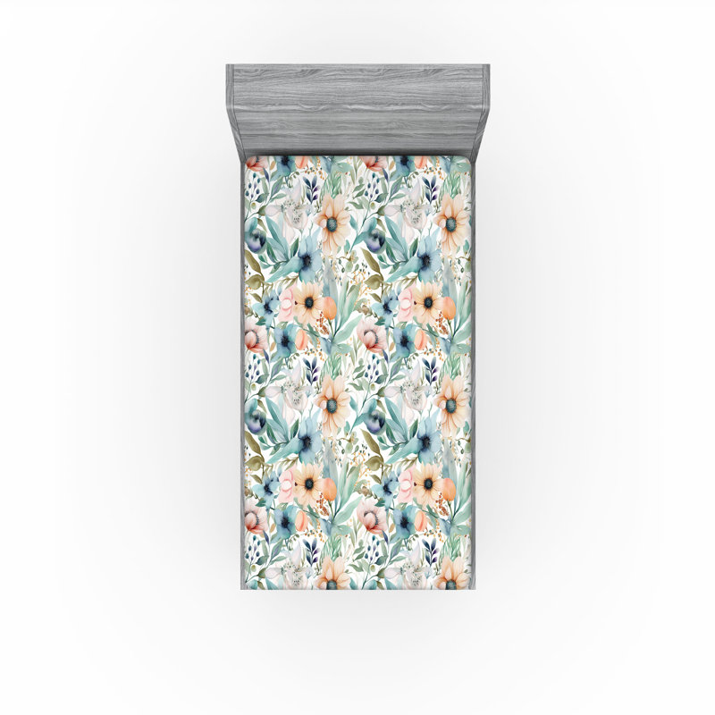 Drap-housse Ambesonne, Écume de mer, pêche, blanc / floral, Drap-housse pour lit simple TG