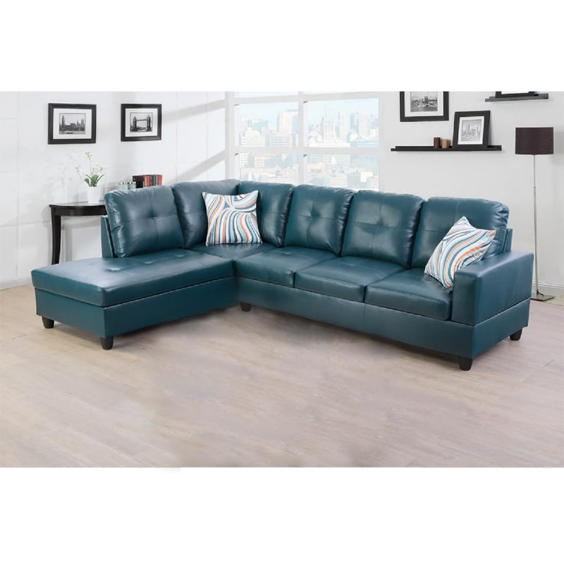 Bawan Faux Leather L-Shaped Sectional, Left Hand Facing, Blue Faux Leather