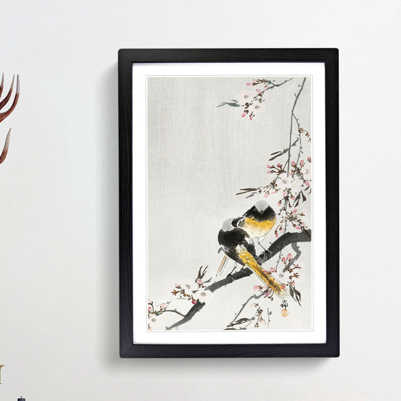 Two Sable Red Tails and Cherry Blossom by Ohara Koson - Picture Frame Painting Print, 65cm H x 48cm W x 2cm D, Black Framed