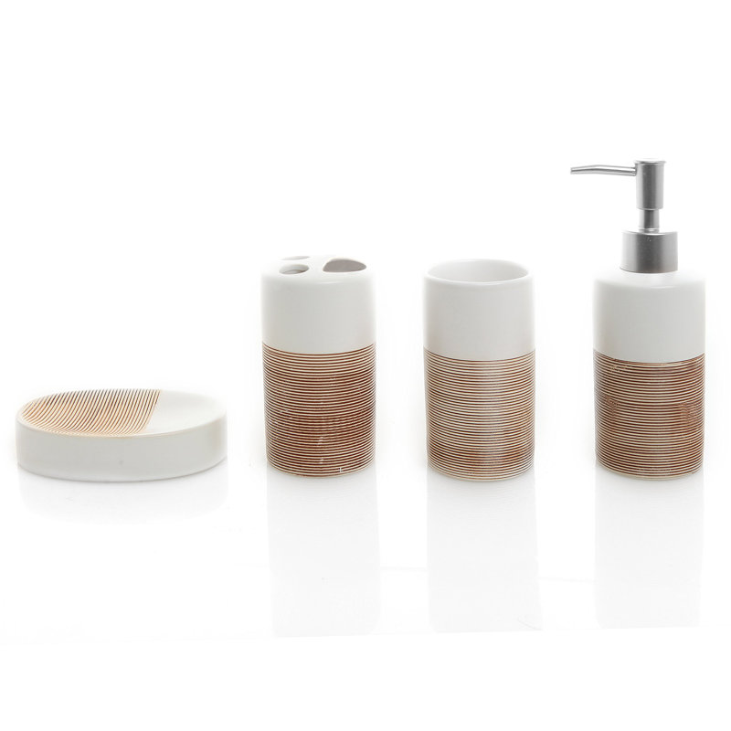 4 Piece Bathroom Accessory Set, White/Brown