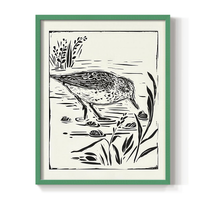 Linocut Style Seabird III, reproduction encadrée - bois massif, H 30 po x l 24 po, Vert