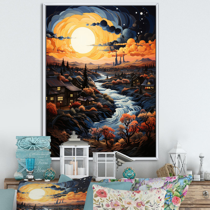 «Van Gogh», reproduction d'art sur toile, «Vangogh Village At Sunset I», H 44 po x l 34 po x P 1,5 po, Cadre flottant blanc