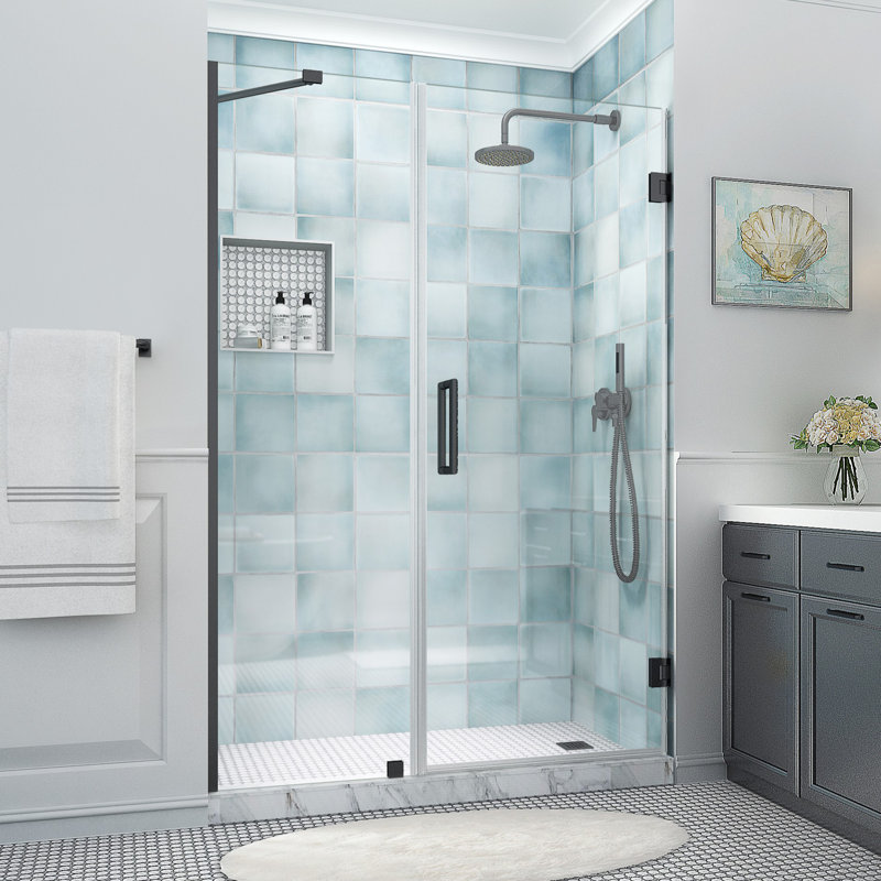 Belmore XL 58.25 - 59.25 in. x 80 in. Frameless Hinged Shower Door with Ultra-Bright Frosted Glass, Matte Black, Clear Glass